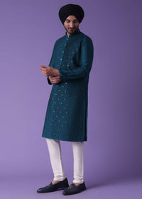 Blue Kurta Set In Cotton Silk With Mirror Work