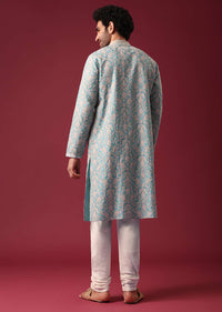 Blue Kurta Set In Silk with Floral Embroidery