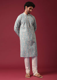 Blue Kurta Set In Silk with Floral Embroidery