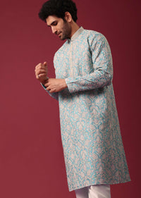 Blue Kurta Set In Silk with Floral Embroidery