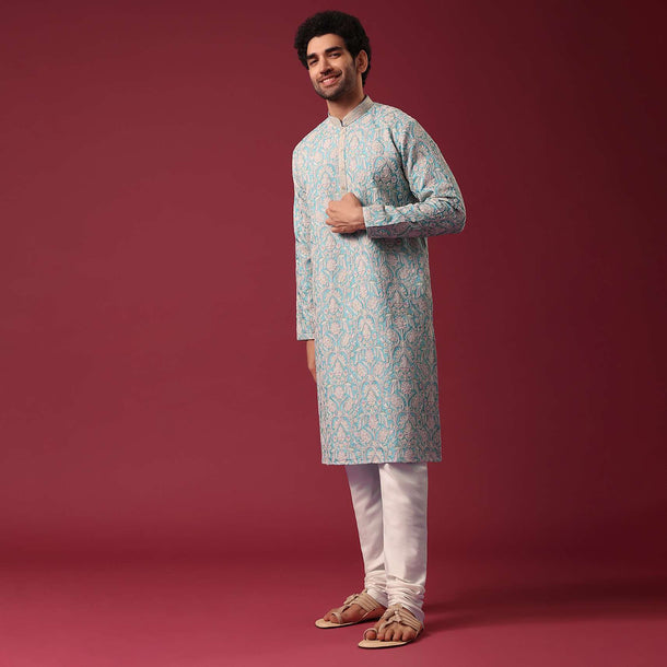 Blue Kurta Set In Silk with Floral Embroidery