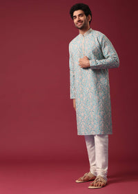 Blue Kurta Set In Silk with Floral Embroidery