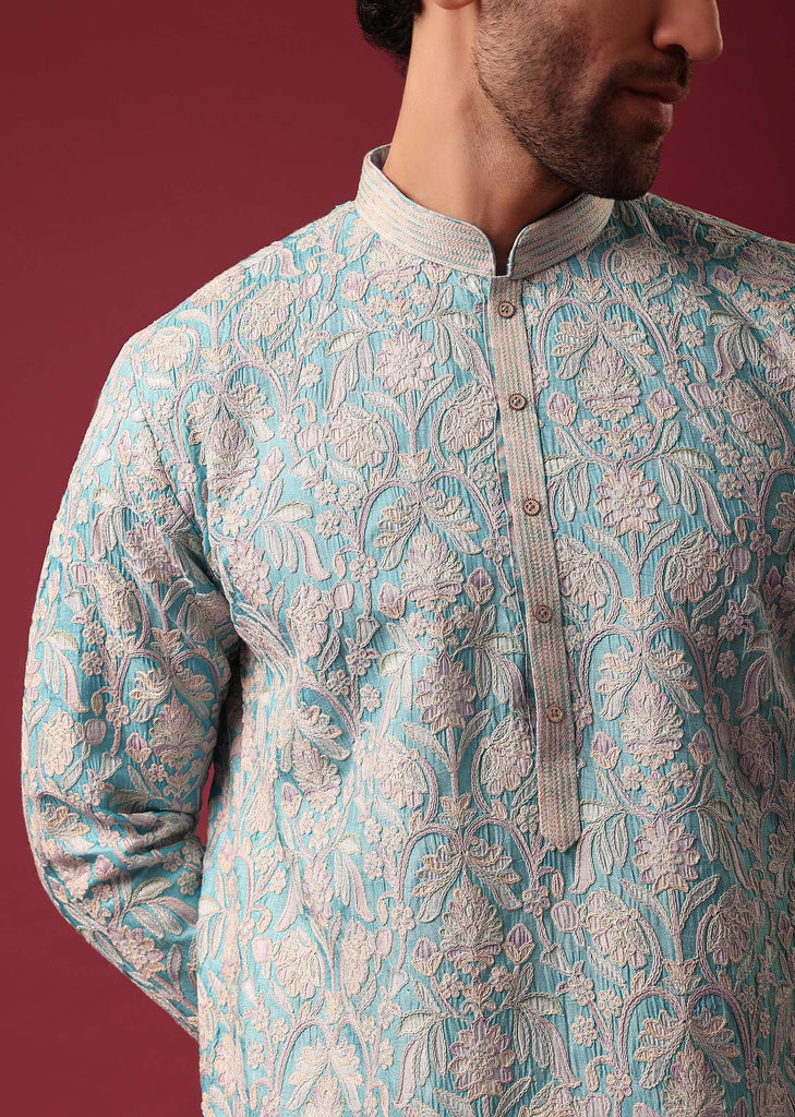 Blue Kurta Set In Silk with Floral Embroidery