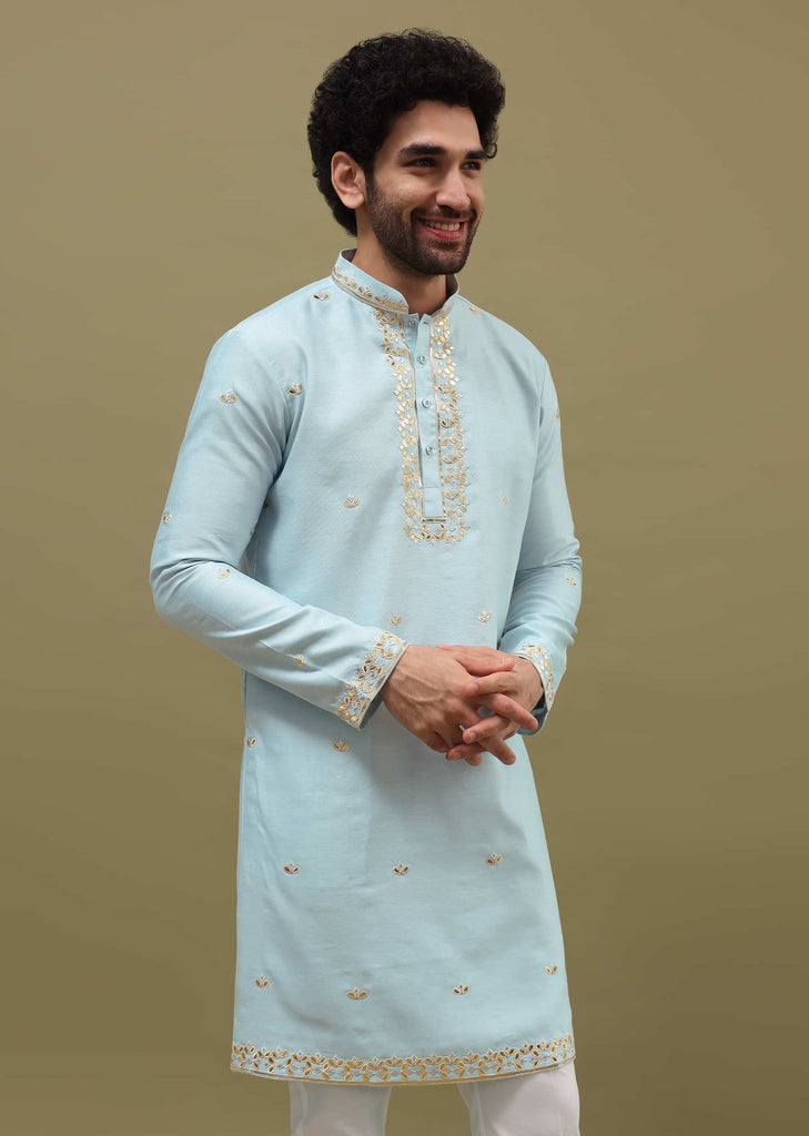 Blue Kurta Set With Abla Work For Men