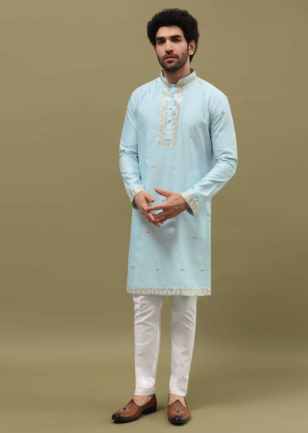 Blue Kurta Set With Abla Work For Men