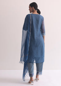 Blue Kurti Pant Set In Cotton With Resham Work