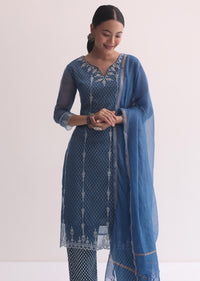 Blue Kurti Pant Set In Cotton With Resham Work