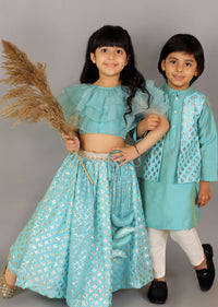 Kalki Girls Blue Lehenga And Crop Top With Organza Ruffles And Woven Design