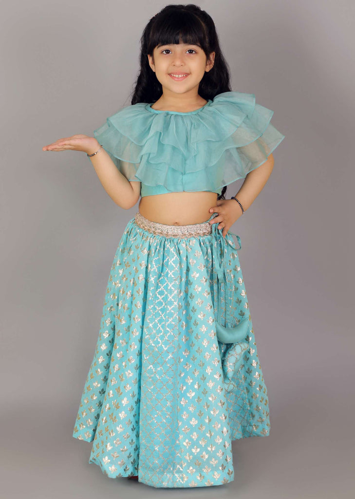 Kalki Girls Blue Lehenga And Crop Top With Organza Ruffles And Woven Design