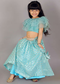 Kalki Girls Blue Lehenga And Crop Top With Organza Ruffles And Woven Design