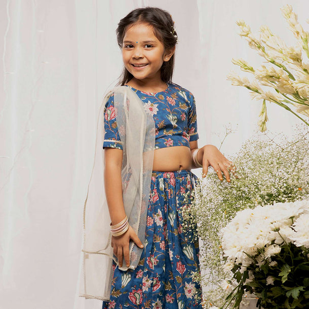 Kalki Girls Blue Lehenga Choli In Cotton With Floral Print All Over By Tiber Taber