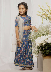 Kalki Girls Blue Lehenga Choli In Cotton With Floral Print All Over By Tiber Taber