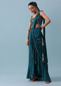 Blue Lehenga Set with Attached Dupatta And Mirror Work