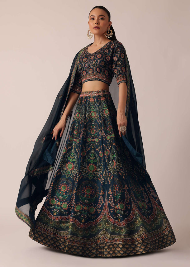 Blue Lehenga Set With Printed Motifs