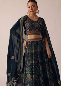 Blue Lehenga Set With Printed Motifs