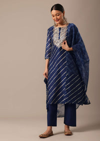 Blue Leheriya Print Chanderi Kurta Set With Gota Trims