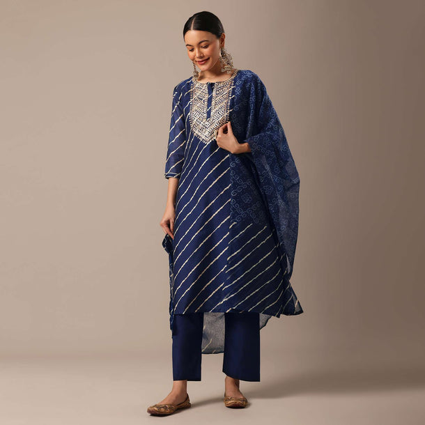 Blue Leheriya Print Chanderi Kurta Set With Gota Trims