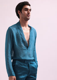 Blue Linen Satin Tuxedo With Pleated Shirt And Pants