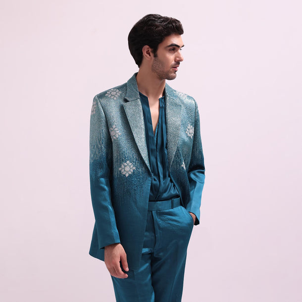 Blue Linen Satin Tuxedo With Pleated Shirt And Pants