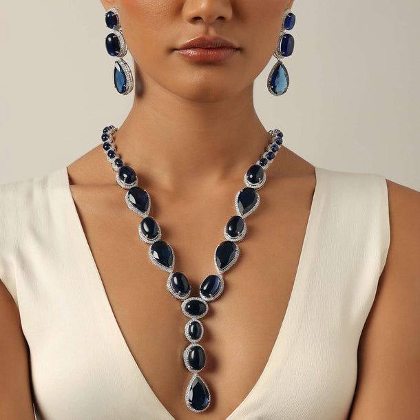 Blue Long Stone Studded Pendant Necklace With Danglers