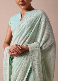 Blue Lucknowi Chikankari Saree With Sequin Work And Unstitched Blouse Piece