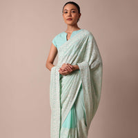 Blue Lucknowi Chikankari Saree With Sequin Work And Unstitched Blouse Piece