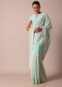 Blue Lucknowi Chikankari Saree With Sequin Work And Unstitched Blouse Piece