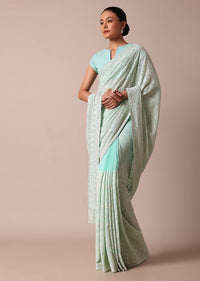 Blue Lucknowi Chikankari Saree With Sequin Work And Unstitched Blouse Piece