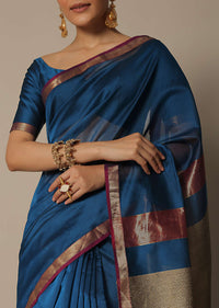 Blue Maheshwari Chanderi Silk Saree With Jute Woven Pallu