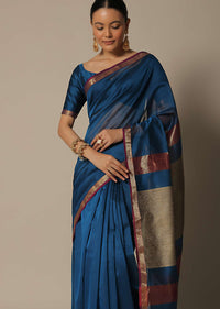 Blue Maheshwari Chanderi Silk Saree With Jute Woven Pallu