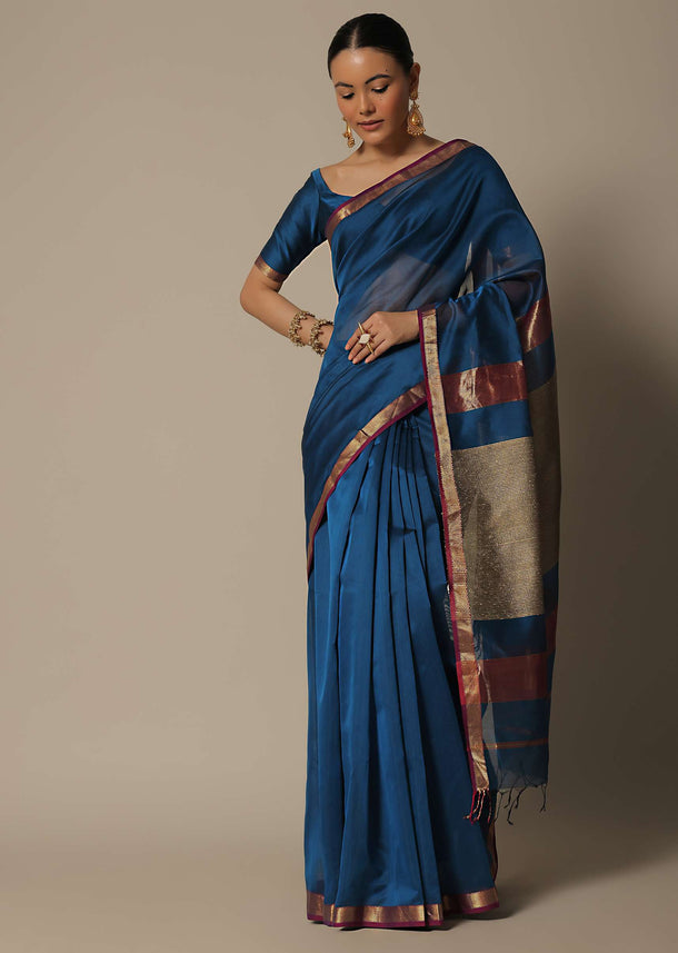 Blue Maheshwari Chanderi Silk Saree With Jute Woven Pallu