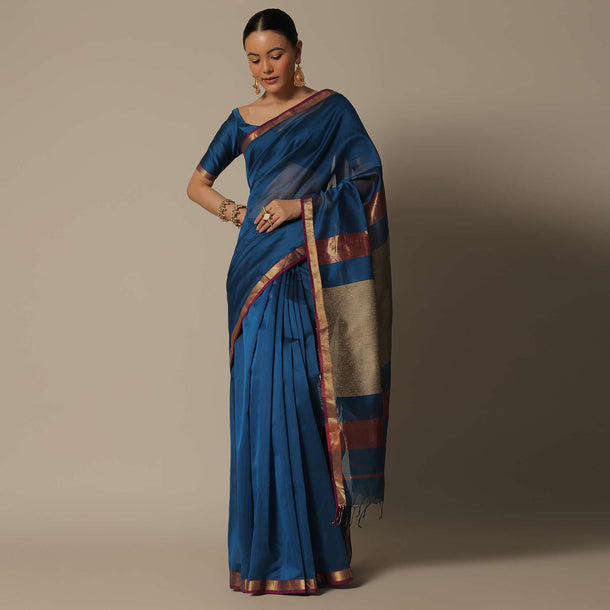 Blue Maheshwari Chanderi Silk Saree With Jute Woven Pallu