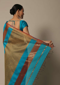 Blue Maheshwari Saree In Chanderi Silk With Jute Woven Pallu