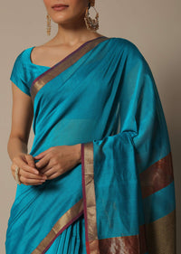 Blue Maheshwari Saree In Chanderi Silk With Jute Woven Pallu