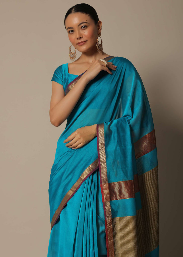 Blue Maheshwari Saree In Chanderi Silk With Jute Woven Pallu