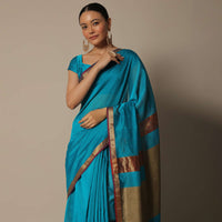 Blue Maheshwari Saree In Chanderi Silk With Jute Woven Pallu