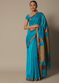 Blue Maheshwari Saree In Chanderi Silk With Jute Woven Pallu