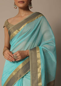 Blue Jute Woven Pallu In Maheshwari Chanderi Silk Saree