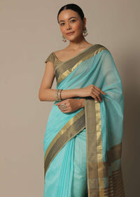 Blue Jute Woven Pallu In Maheshwari Chanderi Silk Saree