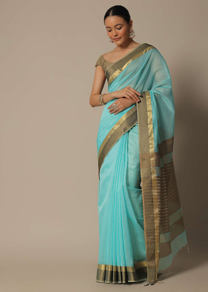 Blue Jute Woven Pallu In Maheshwari Chanderi Silk Saree