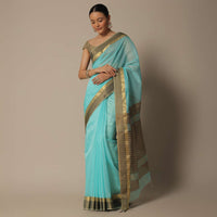 Blue Jute Woven Pallu In Maheshwari Chanderi Silk Saree