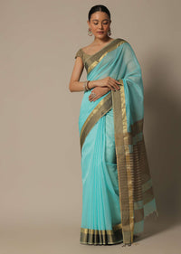 Blue Jute Woven Pallu In Maheshwari Chanderi Silk Saree