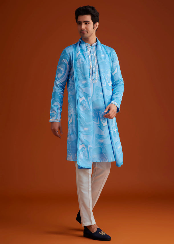 Blue Marble Printed Kurta Set