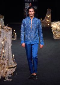 Blue Metallic Chain Bomber Jacket With Shirt And Pants