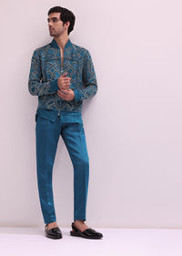 Blue Metallic Chain Bomber Jacket With Shirt And Pants