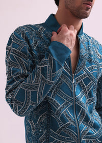 Blue Metallic Chain Bomber Jacket With Shirt And Pants