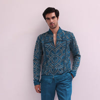 Blue Metallic Chain Bomber Jacket With Shirt And Pants