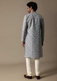 Blue Mirror Work Silk Kurta Set For Men