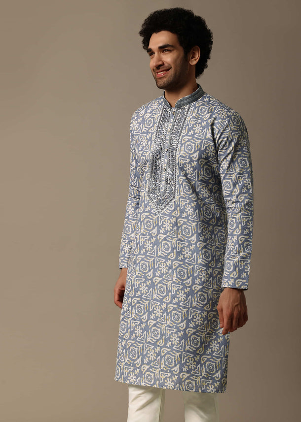 Blue Mirror Work Silk Kurta Set For Men