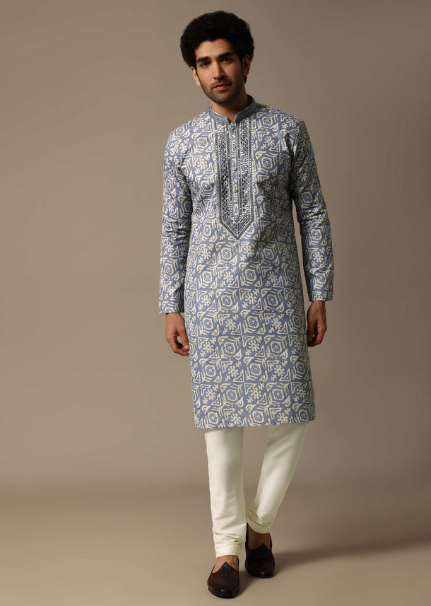 Blue Mirror Work Silk Kurta Set For Men